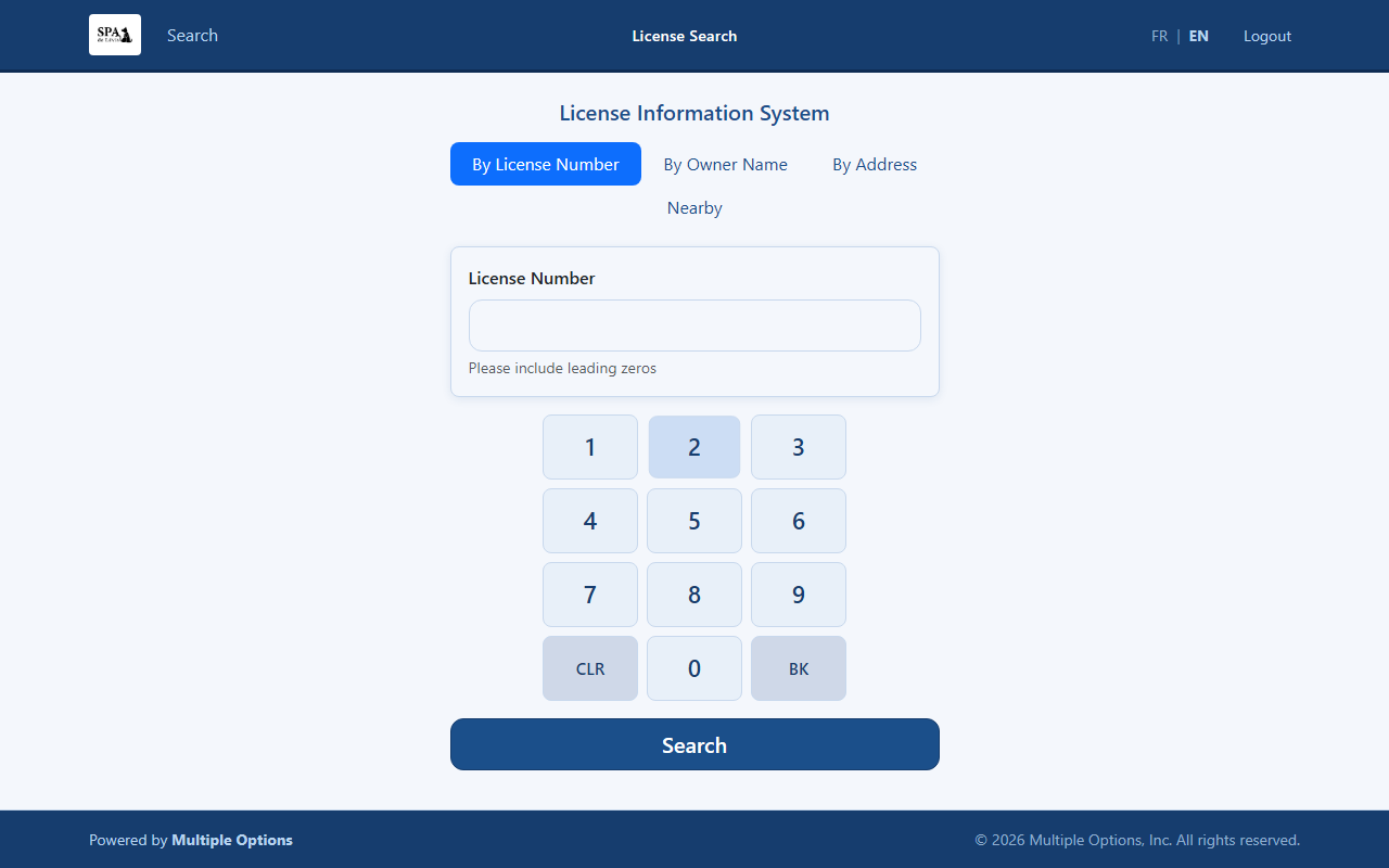 License number tab — custom keypad