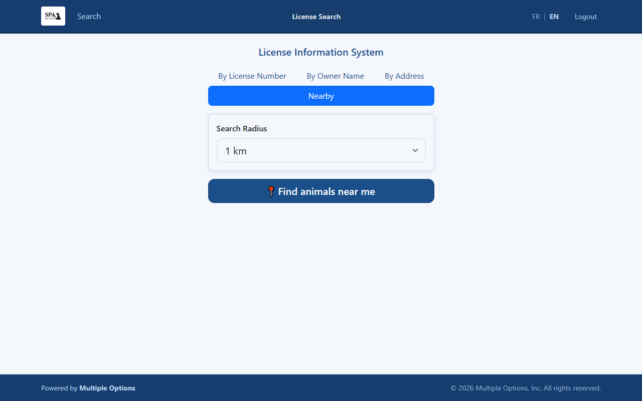 Nearby tab — GPS radius selector